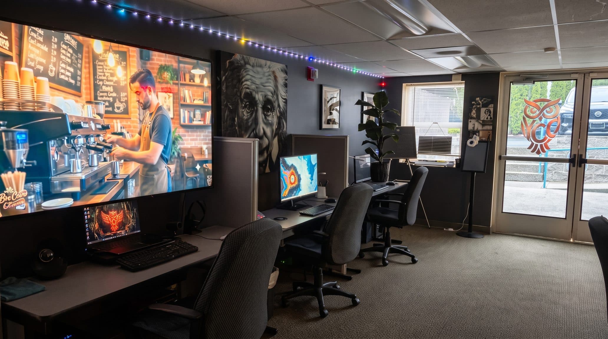 A row of editing workstations with monitors, keyboards and office chairs, facing a large wall display, with glass entry doors carrying the Your Creative Cave owl logo